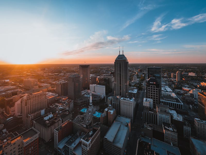 Aerial view of Indianapolis skyline at sunset