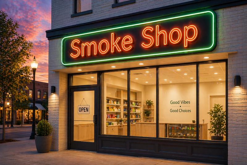 Smoke shop storefront with neon sign and product displays