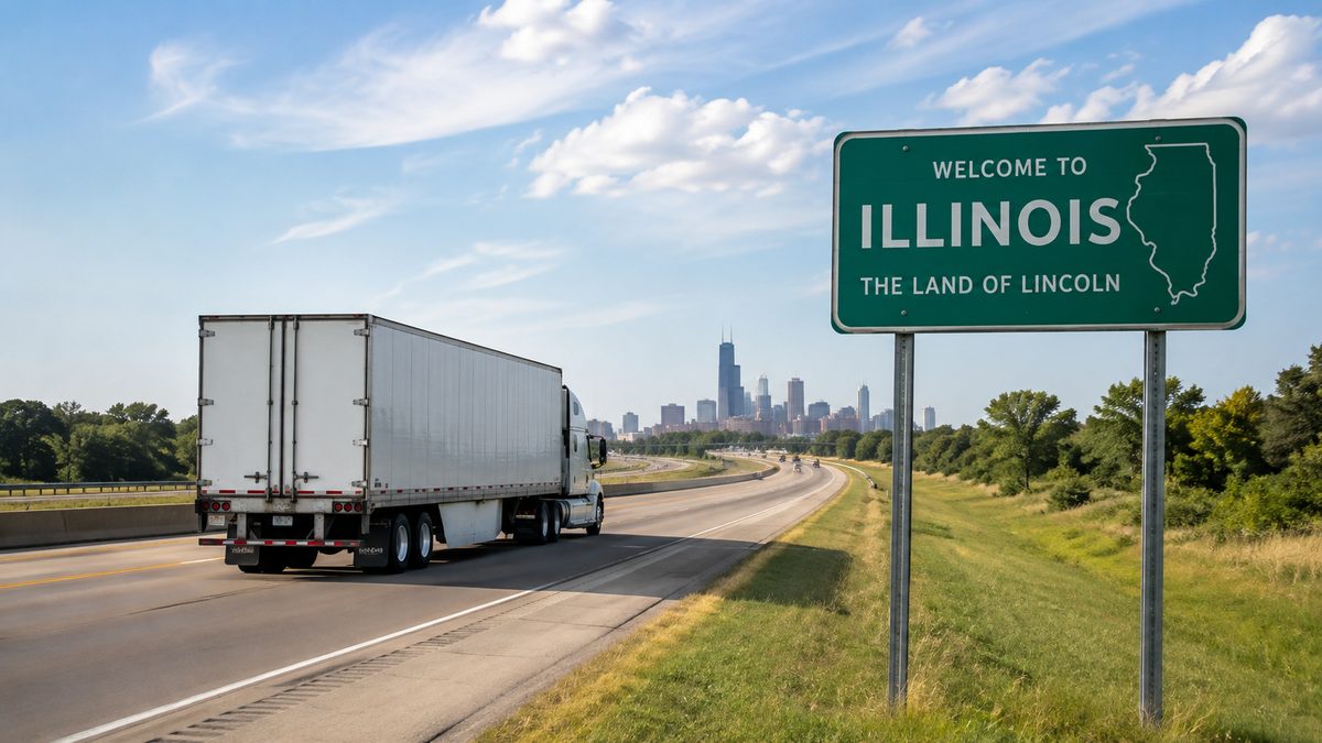 Semi truck on an Illinois highway passing the Welcome to Illinois sign with the Chicago skyline behind it