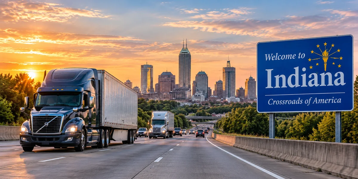Semi truck on an Indiana interstate at sunrise approaching the Indianapolis skyline past a Welcome to Indiana Crossroads of America sign