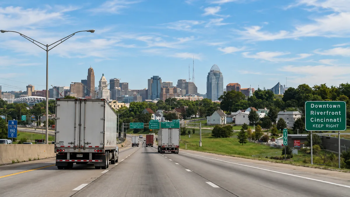 Semi trucks on I-71 and I-75 heading into downtown Cincinnati, Ohio intrastate authority and PUCO Form E filing